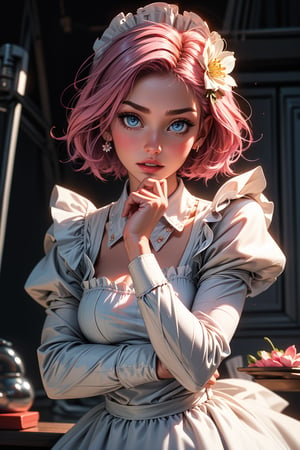 1girl, solo, looking at viewer, short hair, blue eyes, hair ornament, long sleeves, dress, holding, upper body, pink hair, flower, frills, puffy sleeves, hair flower, apron, lips, maid, maid headdress, white flower, maid apron, realistic, holding flower, mechanical arms