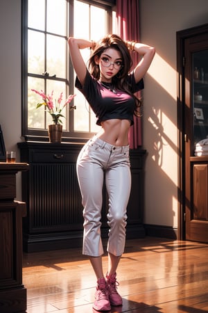 1girl, solo, long hair, looking at viewer, brown hair, shirt, black hair, navel, jewelry, standing, full body, short sleeves, shoes, glasses, midriff, pants, indoors, arms up, bracelet, lips, ((pink crop top)), wooden floor, realistic, white pants, photo background