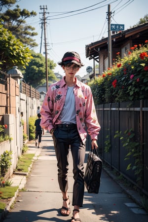 solo, shirt, black hair, long sleeves, 1boy, hat, standing, flower, male focus, outdoors, day, pants, black pants, sandals, sunglasses, plant, pink shirt, fence