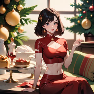 (best quality, masterpiece), 1girl, looking at viewer, blurry background, 1 girl,Santa dress,Christmas scene,

(8k quality), (Best quality), (Ultra HD), (Perfect character anatomy), (perfect lighting), (8k full body photo), (Perfect details), (Perfect character details), (Details of the perfect setting), (Masterpiece), (Symmetry of the perfect character's face),(Construction of the body of the delicate woman character), ((full body shot)), Beautiful Mrs. Claus, ((Wearing Beautiful Sexy red crop top and mini skirt Dress)), hourglass figure, sexy pose, seductive, Sitting Near Christmas tree and candy table,
