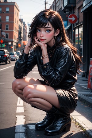 1girl, solo, long hair, looking at viewer, blush, smile, bangs, blue eyes, skirt, shirt, black hair, long sleeves, jewelry, closed mouth, full body, earrings, boots, outdoors, sky, day, necklace, black footwear, parted bangs, black shirt, squatting, ground vehicle, building, motor vehicle, hand on own face, head rest, hand on own cheek, road, street, bicycle