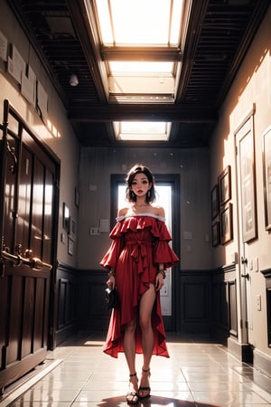 a woman stands in a ((red off-the-shoulder dress)), adorned with a white bracelet and white sandals. She stands on a black and white tiled floor, with a black railing in the background. The woman's right hand is on the railing, while her left hand is resting on the wall. The wall behind her is painted a light beige, and the ceiling is adorned with white ceiling tiles. To the right of the woman is a white wall with a watermark in the top right corner.