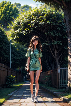 1girl, solo, long hair, brown hair, shirt, black hair, ((dress green onepiece)), holding, standing, full body, short sleeves, shoes, bag, tree, shadow, white footwear, plant, wide shot, photo background