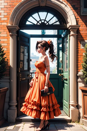 a woman stands in front of a green building, adorned with an ((arched doorway)). She is dressed in an ((orange strapless dress)), adorned in a necklace, bracelet, and a pink purse. Her hair is pulled back in a ponytail, adding a pop of color to the scene. The building is adorned with a red sign with the letter "H" on it. Two green planters are positioned on either side of the woman, each with a small tree in them. The planters have a black chain wrapped around them, adding depth to the image.