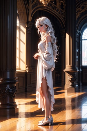 1girl, solo, long hair, looking at viewer, bangs, blue eyes, hair ornament, long sleeves, dress, very long hair, closed mouth, standing, full body, white hair, indoors, white dress, from side, wavy hair, hand on own chest, stairs, pillar
