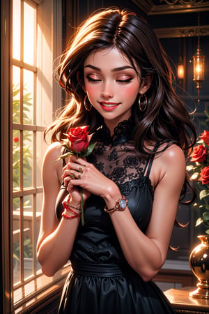 1girl, solo, long hair, smile, brown hair, dress, holding, jewelry, closed eyes, upper body, flower, sleeveless, bracelet, rose, ring, red flower, watch, red rose, wristwatch