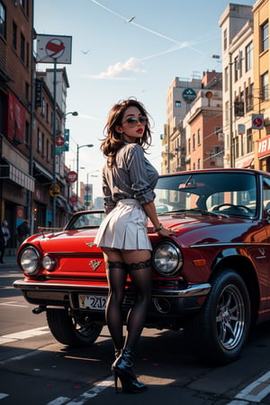 1girl, solo, skirt, shirt, thighhighs, boots, outdoors, day, striped, dark skin, bag, high heels, dark-skinned female, sunglasses, white skirt, ground vehicle, building, striped shirt, city, car, road, street, photo background, real world location