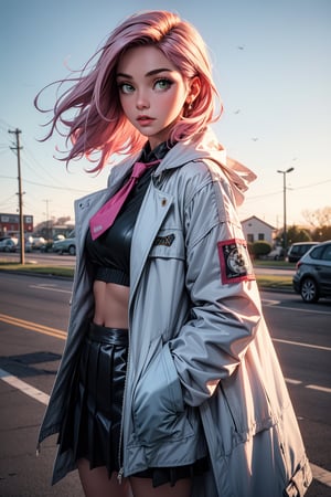 1girl, solo, looking at viewer, long hair, skirt, pink hair, black crop top, white over size jacket, closed mouth, jacket, cowboy shot, outdoors, open clothes, necktie, sky, black skirt, arms in the pocket, coat, green eyes, white jacket, high-waist skirt, open coat, white coat, 