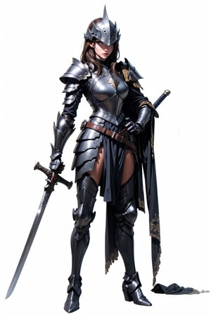 1girl, solo, looking at viewer, blue eyes, simple background, brown hair, white background, holding, standing, full body, weapon, boots, sword, holding weapon, armor, hand on hip, holding sword, helmet, shoulder armor, gauntlets, pauldrons, breastplate, armored boots, planted, knight, full armor, plate armor, visor \(armor\)