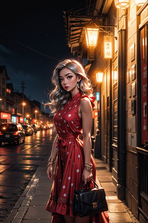 Captured at night, a medium-sized Asian woman stands in a vibrant red sleeveless dress, adorned with white polka dots. Her long, wavy brown hair is cascading down her shoulders, adding a touch of warmth to the scene. She is adorned with silver bracelets, a silver bracelet, and a silver watch. The backdrop, a sandy beach, is lit up with street lights, creating a stark contrast against the dark sky.