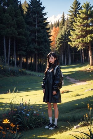 1girl, solo, long hair, black hair, long sleeves, dress, standing, outdoors, grass, plant