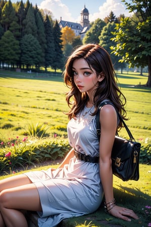 Captured from a high-angle perspective on a sunny day, a woman is seated on a grassy field. She is dressed in a sleeveless pink and white striped dress, adorned with a white belt. Her long brown hair is cascading down her shoulders, framing her face. A white handbag is placed on the left side of the frame, adding a touch of contrast to her outfit. The background is a lush green field, dotted with trees, providing a natural backdrop to the scene. The sky is a muted blue, with a few white buildings in the distance.