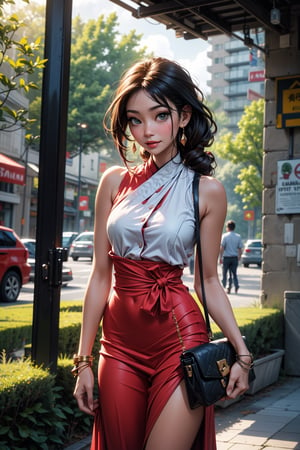 Captured at eye-level on a cloudy day, a medium-sized Asian woman stands in a vibrant red sleeveless dress, adorned with a black purse. She is smiling, her left hand resting on her hip, adding a pop of color to the scene. The woman's hair is pulled back, cascading over her shoulders, framing her face. The backdrop, a white building, is adorned with tall green trees, adds a touch of nature to the composition.