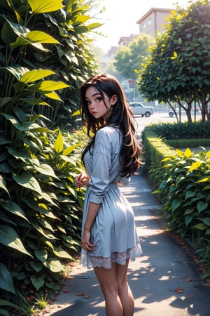 1girl, solo, long hair, looking at viewer, black hair, dress, standing, leaf, plant, photo background, reference inset, photo inset