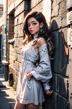 a woman stands in front of a gray wall. She is wearing a long-sleeved white dress adorned with white stripes and cut-out holes in the center of her dress. Her hair is long and wavy, adding a touch of texture to her outfit. The wall behind her is made up of gray slats with white lines painted on them. Two white arrows are positioned on either side of the wall.