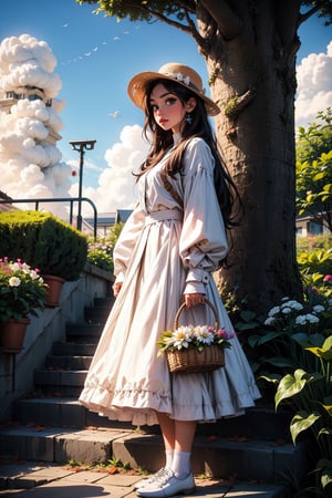 1girl, solo, long hair, looking at viewer, blue eyes, skirt, brown hair, shirt, long sleeves, hat, holding, standing, white shirt, flower, outdoors, parted lips, sky, day, puffy sleeves, cloud, bag, tree, blue sky, feet out of frame, white headwear, plant, white flower, green skirt, building, puffy long sleeves, long skirt, stairs, basket