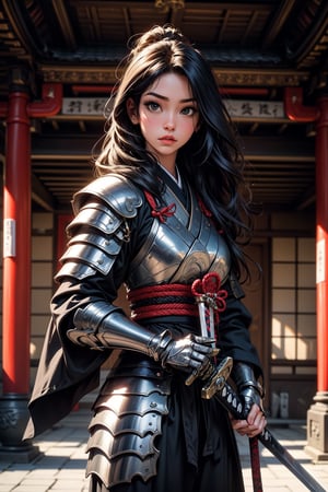 1girl, solo, long hair, looking at viewer, black hair, closed mouth, standing, weapon, cowboy shot, outdoors, sword, armor, black eyes, lips, katana, sheath, sheathed, japanese armor, architecture, east asian architecture, samurai
