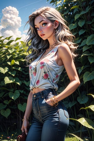 a woman stands in front of a backdrop of lush green ivy. She is dressed in a cream-colored sleeveless blouse with a floral print on the front, and blue jeans. Her hair is long and wavy, and she is wearing a silver chain around her neck. Her lips are painted a deep red, and her eyes are a piercing blue. Her left hand is resting on the ivy, while her right hand is holding a phone in her pocket. The backdrop is a lush green field, and the sky is a light blue.