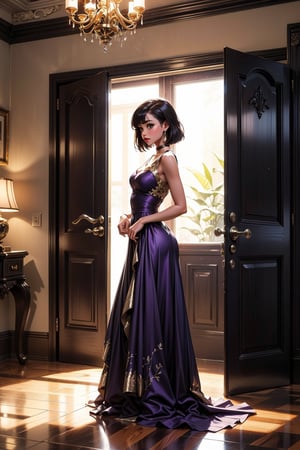 Captured at eye-level, a full-angle shot of a woman in a ((purple sleeveless dress)) stands in the middle of the frame. The woman's dress is adorned with a high neckline and a long skirt that reaches to the floor. Her hair is styled in a sleek bob and she's looking to the right. The backdrop is a cream-colored wall with intricate designs, adding a touch of color to the scene. To the right of the woman, a white door with a decorative design is visible. The floor is covered in a red carpet with gold leaves scattered across it. The walls are adorned with light-colored wood panels, with a black door in the center. Two chandeliers are hanging from the ceiling, and a small black table is on the left side of the room.