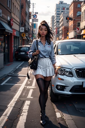 1girl, solo, skirt, shirt, thighhighs, boots, outdoors, day, striped, dark skin, bag, high heels, dark-skinned female, sunglasses, white skirt, ground vehicle, building, striped shirt, city, car, road, street, photo background, real world location