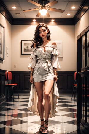 a woman stands in a red off-the-shoulder dress, adorned with a white bracelet and white sandals. She stands on a black and white tiled floor, with a black railing in the background. The woman's right hand is on the railing, while her left hand is resting on the wall. The wall behind her is painted a light beige, and the ceiling is adorned with white ceiling tiles. To the right of the woman is a white wall with a watermark in the top right corner.