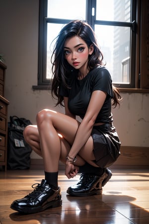 1girl, solo, long hair, looking at viewer, skirt, shirt, black hair, short sleeves, indoors, black footwear, black shirt, realistic