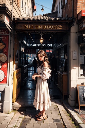 a woman stands on a cobblestone sidewalk, her long brown hair cascades over her shoulders. She is dressed in a bright yellow dress, adorned with a white purse. She has a pair of white sandals on her feet, adding a pop of color to her outfit. To the left of her, a brown wooden table with a stack of magazines on it, rests against a beige stone wall. A blue sign with white text reads "PLACE DE L'ODEON" is affixed to the wall. The sign casts a shadow on the left side of the frame, adding depth to the scene. A row of parked cars can be seen on the right side of this image.