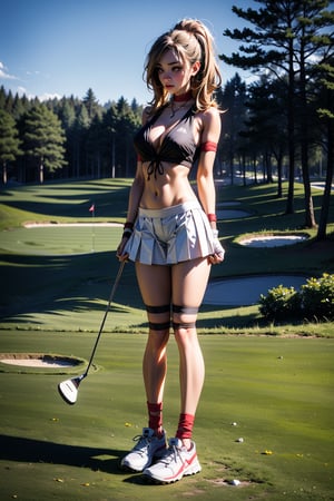 a female golf player tube top, full body ((hands and legs tied)), ((Thigs tied up)) on the golf ground. 