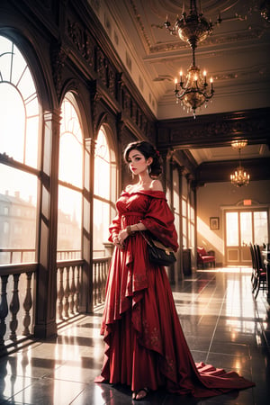 a woman stands in a ((red off-the-shoulder dress)), adorned with a white bracelet and white sandals. She stands on a black and white tiled floor, with a black railing in the background. The woman's right hand is on the railing, while her left hand is resting on the wall. The wall behind her is painted a light beige, and the ceiling is adorned with white ceiling tiles. To the right of the woman is a white wall with a watermark in the top right corner.