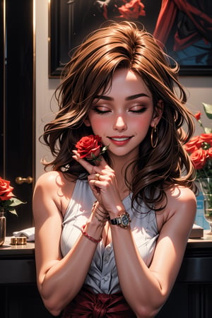 1girl, solo, long hair, smile, brown hair, dress, holding, jewelry, closed eyes, upper body, flower, sleeveless, bracelet, rose, ring, red flower, watch, red rose, wristwatch