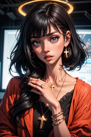 1girl, solo, looking at viewer, bangs, black hair, jewelry, upper body, earrings, parted lips, blunt bangs, necklace, fingernails, halo, cross, black nails, spikes, long fingernails, sharp fingernails