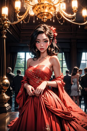 Captured at eye-level, a medium-sized Asian woman stands in front of a chandelier, her hair cascading over her shoulders, her left hand resting on her right hand. She is dressed in a salmon colored strapless dress, adorned with white polka dots. The backdrop is blurred, creating a stark contrast to the woman's dress. The chandeliers are made of clear glass, adding a touch of shine to the scene.