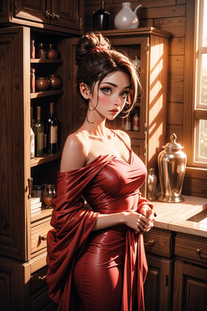 a medium-sized woman stands in front of a large wooden cabinet, adorned with a red dress. She is dressed in a long-sleeved red dress with a sheer white skirt and a sheer pink shawl draped over her shoulders. The woman's hair is pulled back in a bun, adding a touch of texture to her face. The cabinet is adorned with an arched glass door, adding depth and dimension to the scene. To the right of the woman, a brown wooden cabinet is visible, with a white painted wall behind it. Two black framed pictures hang on the wall.