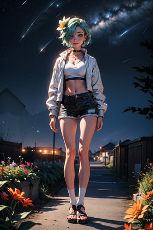 1girl, solo, looking at viewer, smile, short hair, blue eyes, shirt, hair ornament, long sleeves, navel, jewelry, closed mouth, standing, jacket, full body, white shirt, flower, earrings, outdoors, green hair, sky, shorts, choker, socks, midriff, virtual youtuber, hair flower, hair over one eye, crop top, night, black choker, arms behind back, black shorts, sandals, white jacket, black socks, building, star \(sky\), night sky, starry sky, shooting star