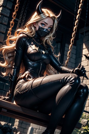 a cartoon depiction of a woman with long blonde hair and blue eyes is wearing a black batman mask. The woman's mask is adorned with black feathers and black horns. She is sitting on a black swing, her arms resting on the swing. The swing is attached to a black chain. The background is a gray stone wall, adding a touch of nature to the scene.