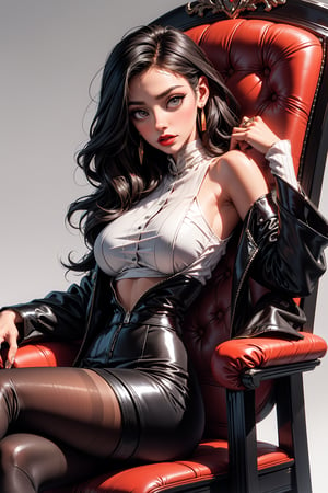 a woman is seated on a red velvet chair, adorned with a black leather outfit. Her long black hair cascades over her shoulders, framing her face. She is adorned with red lipstick, adding a pop of color to her outfit. The chair's arm rests against a stark white backdrop, creating a striking contrast to the vibrant red of the chair.