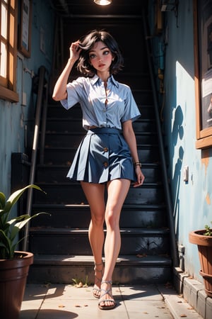 a medium-sized woman stands on a set of concrete stairs, her left hand raised in the air. She is wearing a (((light blue short-sleeved button-down shirt, a short blue skirt))), and white sandals. Her hair is long and dark, and her eyes are focused on the left side of the image. The stairs are illuminated by a yellow hue, and the wall behind her is a light gray color. To the right of the stairs is a black light fixture, and to the left of the woman is a small potted plant.