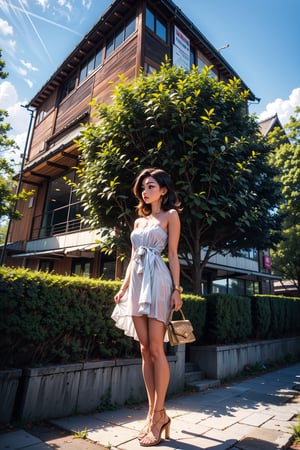 Captured at night, a medium-angle shot captures a young Asian woman in a white strapless dress, adorned with a gold purse. She stands on a brown wooden floor, her hair cascading over her shoulders, adding a pop of color to the scene. The woman's dress is adorned with white strappy sandals, accenting her feet. The backdrop, a large tree with green leaves, adds a touch of greenery to the composition. To the right of the woman, a glass wall reflects a reflection of a building and a blue sky.