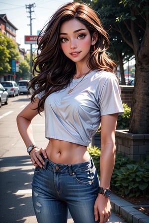 1girl, solo, long hair, looking at viewer, smile, brown hair, shirt, brown eyes, white shirt, short sleeves, outdoors, midriff, pants, tree, hand on hip, denim, watch, jeans, realistic, wristwatch, photo background