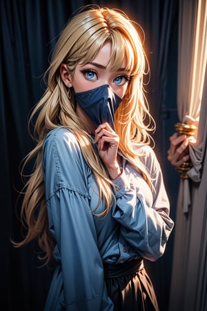 1girl, solo, long hair, looking at viewer, bangs, blue eyes, blonde hair, shirt, long sleeves, standing, parted bangs, blue background, blue shirt, curtains, covering mouth, covered mouth, peeking out, curtain grab