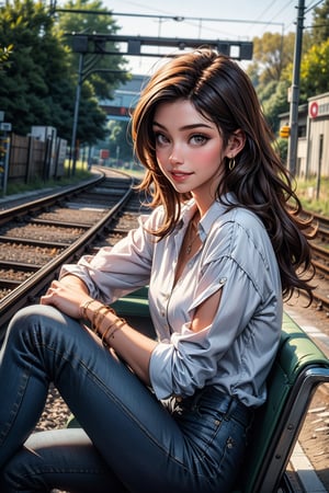 1girl, solo, long hair, smile, brown hair, shirt, black hair, jewelry, sitting, bracelet, realistic, photo background, railroad tracks