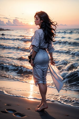 1girl, solo, long hair, black hair, barefoot, ocean, beach, sunset, realistic