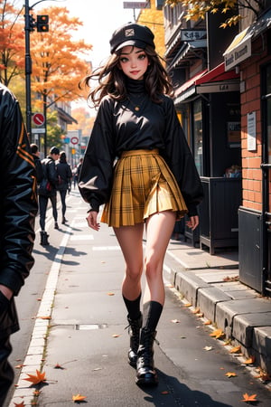 1girl, solo, long hair, looking at viewer, smile, skirt, brown hair, long sleeves, hat, holding, standing, full body, pleated skirt, boots, outdoors, day, socks, black footwear, blurry, sweater, sleeves past wrists, plaid, black shirt, blurry background, turtleneck, leaf, plaid skirt, walking, autumn leaves, black sweater, yellow skirt, autumn, yellow headwear, photo background, holding leaf