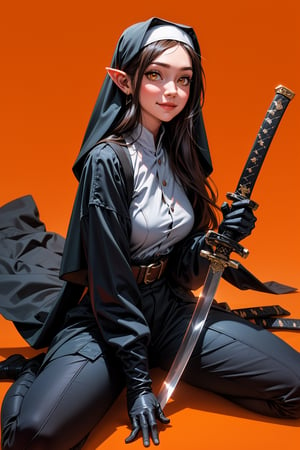 1girl, solo, long hair, looking at viewer, smile, simple background, gloves, long sleeves, sitting, closed mouth, weapon, pointy ears, belt, sword, orange eyes, wariza, katana, sheath, yellow background, pouch, sheathed, orange background, nun, habit, scabbard, weapon on back