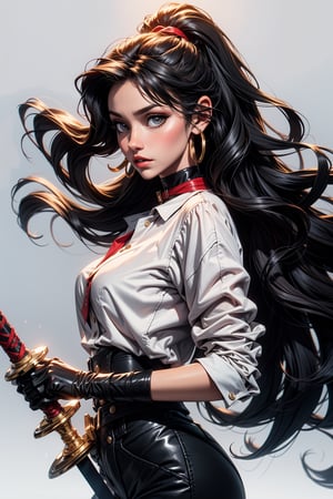 An animated image of a woman in a black pirate outfit holding a sword in her right hand. Her left hand is holding the sword with both hands, while her left hand holds the sword. The woman's hair is long and wavy, and she is wearing a white shirt with a black collar. The background is a vibrant red, and the woman's outfit is adorned with gold accents.