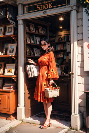 a woman stands in front of a book store. She is wearing a long sleeved orange and white dress, adorned with a sunflower pattern, and she is holding a woven basket in her left hand. The woman is wearing black sandals, and sunglasses. The store's name, "FAQIR-CHAND BOOK STORE," is written in red letters on a white background. A brown door is visible behind the woman, and a shelf of books is visible on the right side of the image.