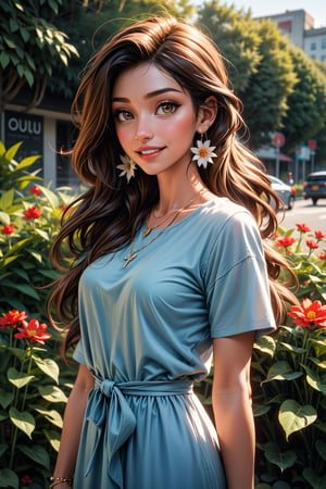 1girl, solo, long hair, smile, brown hair, dress, brown eyes, jewelry, flower, short sleeves, earrings, necklace, blue dress, plant, realistic