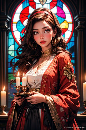 1girl, solo, long hair, looking at viewer, brown hair, long sleeves, dress, holding, brown eyes, jewelry, flower, hairband, earrings, indoors, wide sleeves, necklace, lips, watermark, realistic, candle, vase, stained glass