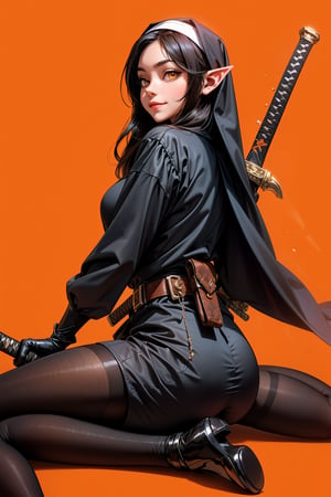 1girl, solo, long hair, looking at viewer, smile, simple background, gloves, long sleeves, sitting, closed mouth, weapon, pointy ears, belt, sword, orange eyes, wariza, katana, sheath, yellow background, pouch, sheathed, orange background, nun, habit, scabbard, weapon on back