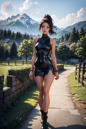 Captured at eye-level on a cloudy day, a woman stands in a short black sleeveless mini dress, adorned with a black neckline. She stands on a brick walkway, her left arm resting on her hip. The woman's hair is long and cascades in a ponytail, adding a touch of movement to her face. She is standing in front of a black metal fence, with a yellow light in the middle of the fence. Behind her, a field of grass and trees can be seen, with mountains in the distance.